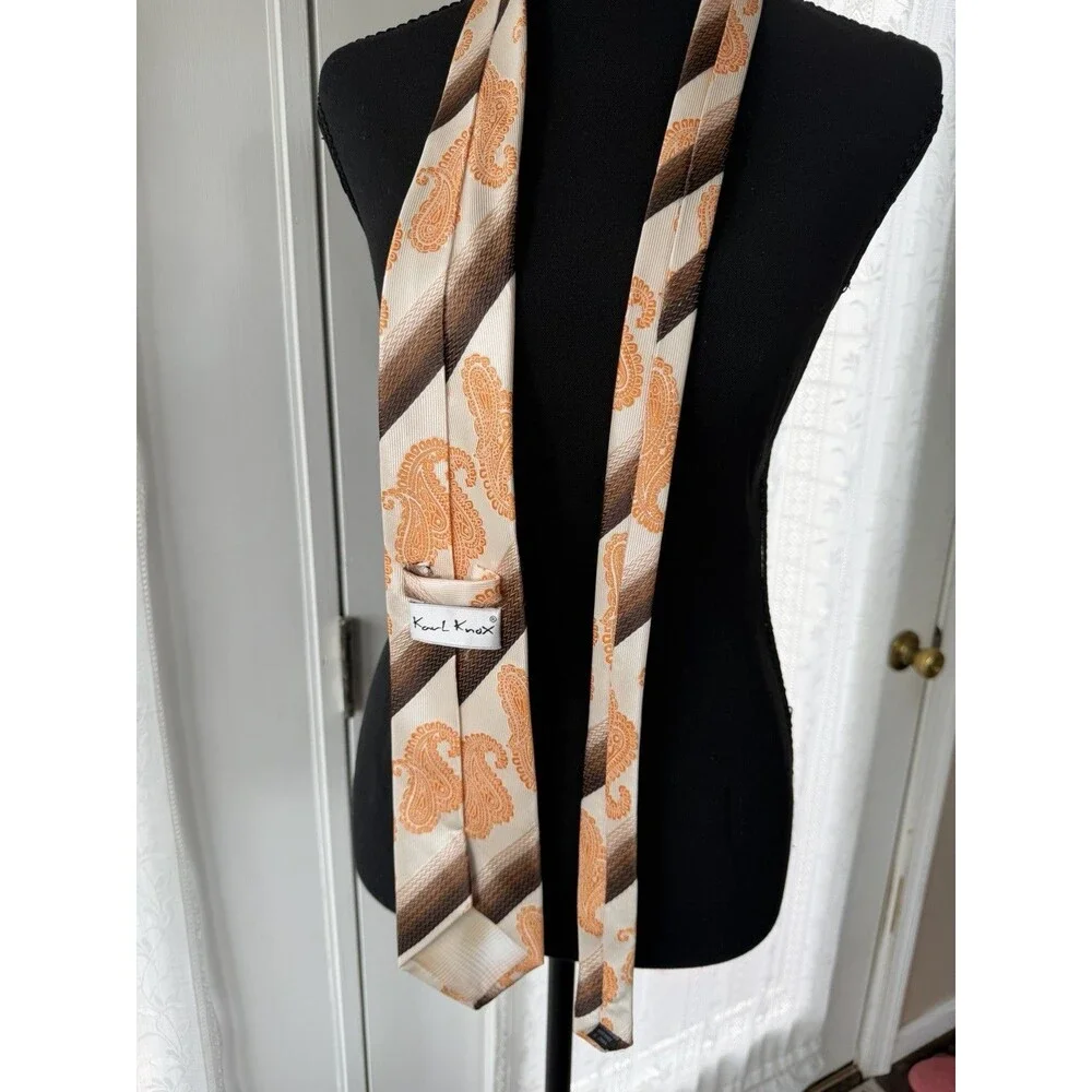 Karl Knox Bold Designer Necktie Orange Paisley Geometric Brown Cream Microfiber